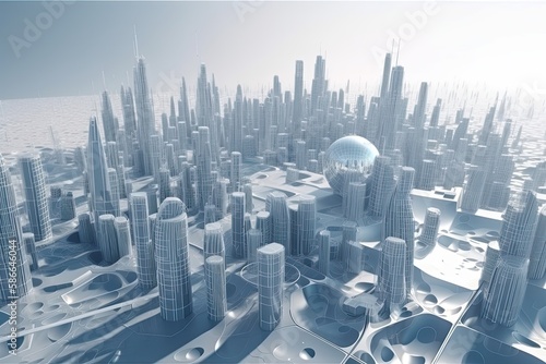 3D model of a city with futuristic architecture, high rise buildings, and a planet, all in one view. Generative AI