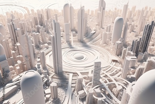 3D model of a city with futuristic architecture  high rise buildings  and a planet  all in one view. Generative AI