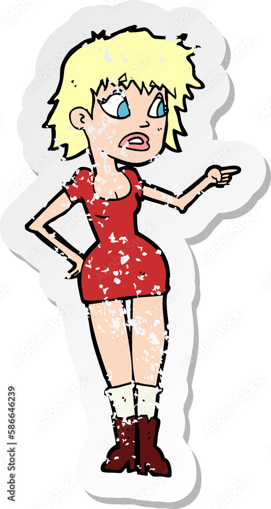 retro distressed sticker of a cartoon worried woman in dress pointing retro distressed sticker of a cartoon worried woman in dress pointing