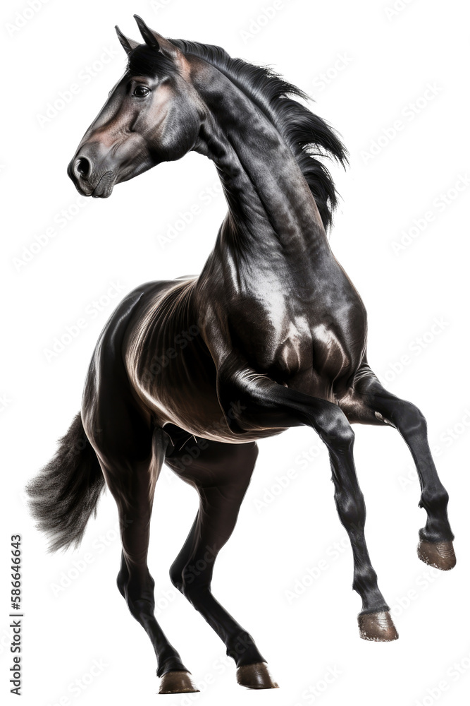 an equestrian-themed photographic illustration of a warm-blood brown draft horse rearing and running on a transparent background in PNG. T-shirt design. Generative AI