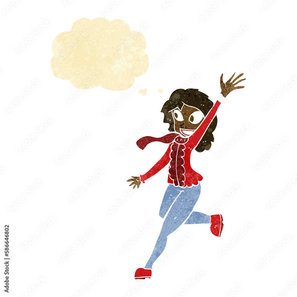 cartoon woman waving dressed for winter with thought bubble cartoon woman waving dressed for winter with thought bubble