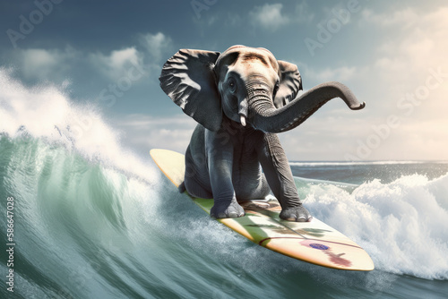 funny elephant surfing on a wave.Sunny day. Summer concept. AI generative. photo