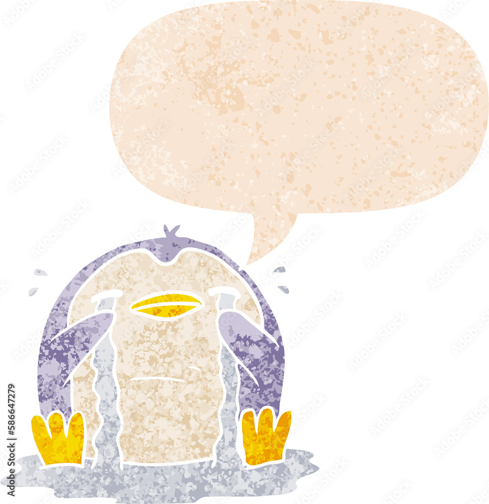cartoon crying penguin and speech bubble in retro textured style cartoon crying penguin and speech bubble in retro textured style