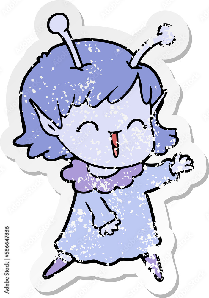 distressed sticker of a cartoon alien girl laughing distressed sticker of a cartoon alien girl laughing