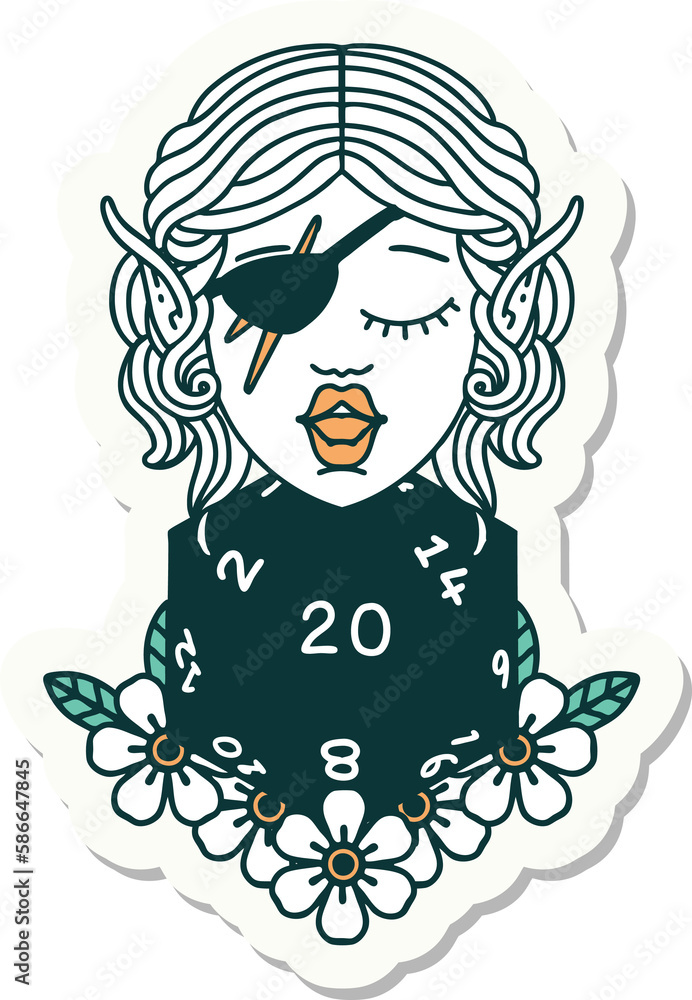 elf rogue character with natural twenty dice roll sticker elf rogue character with natural twenty dice roll sticker
