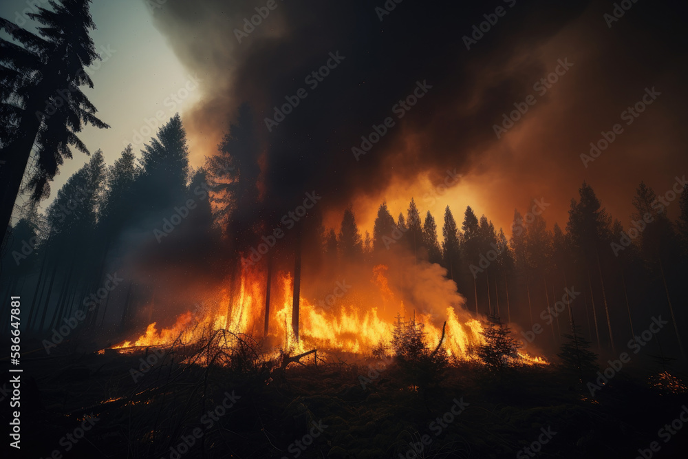 Forest fire, with orange flames and dark smoke against a smoky sky created with AI