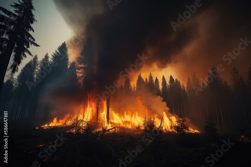 Forest fire  with orange flames and dark smoke against a smoky sky created with AI