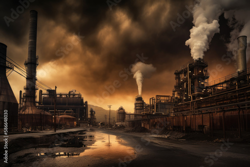 Industrial factory with smokestacks and pipes spewing steam created with AI