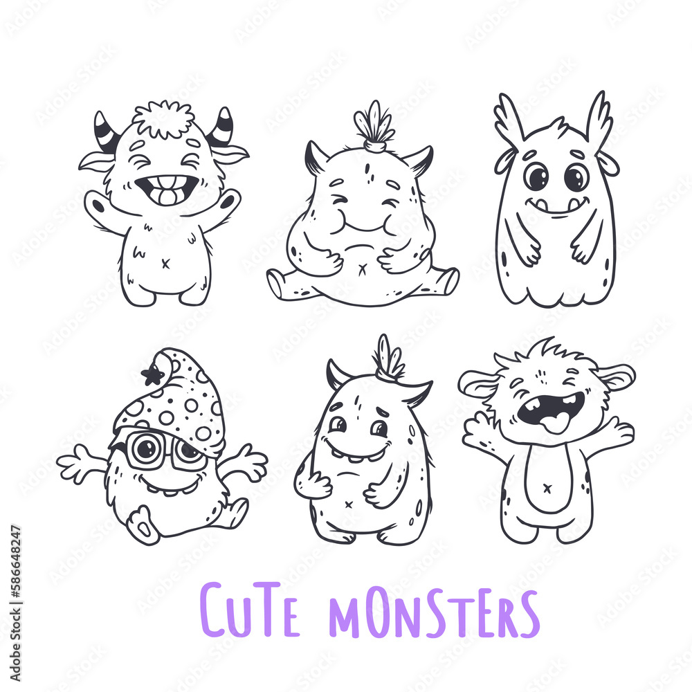 Set of cute cartoon monsters. Funny characters on white background.Icon monster.Doodle style. Alien. Vector illustration