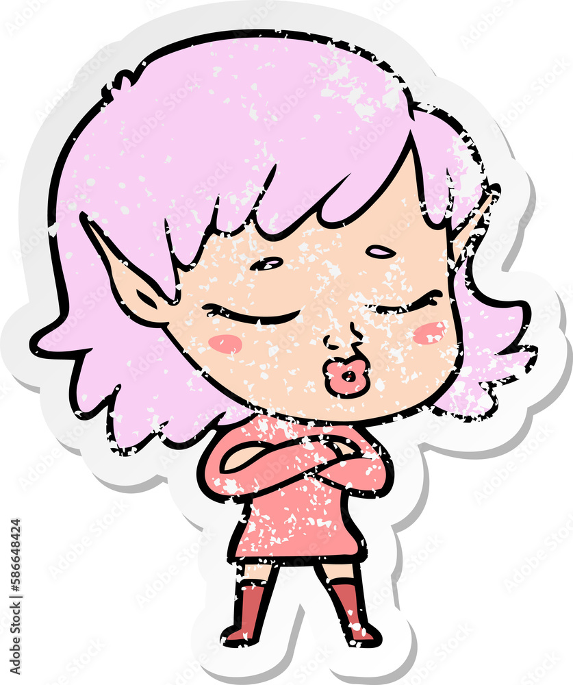 distressed sticker of a pretty cartoon elf girl distressed sticker of a pretty cartoon elf girl