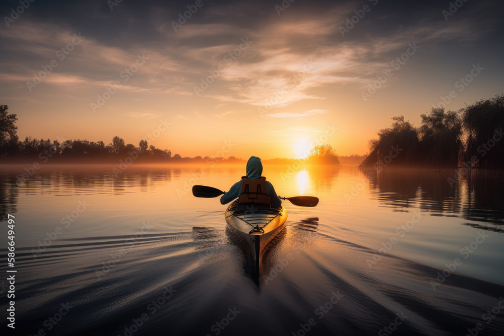 Adventurer kayaking down a calm river with sunset in the background created with AI