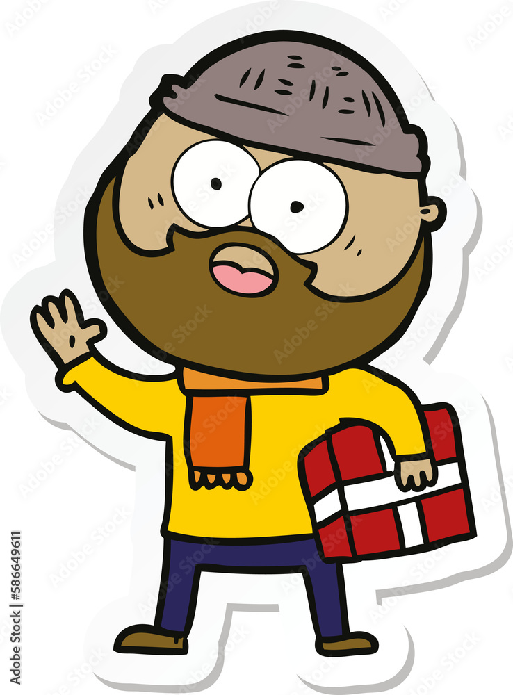 sticker of a cartoon bearded man with present