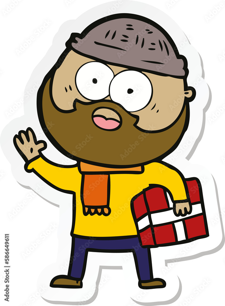 sticker of a cartoon bearded man with present sticker of a cartoon bearded man with present