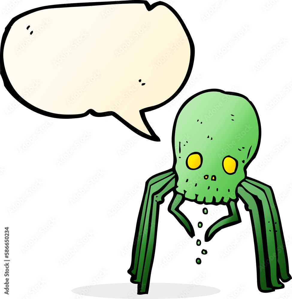 Obraz premium cartoon spooky skull spider with speech bubble