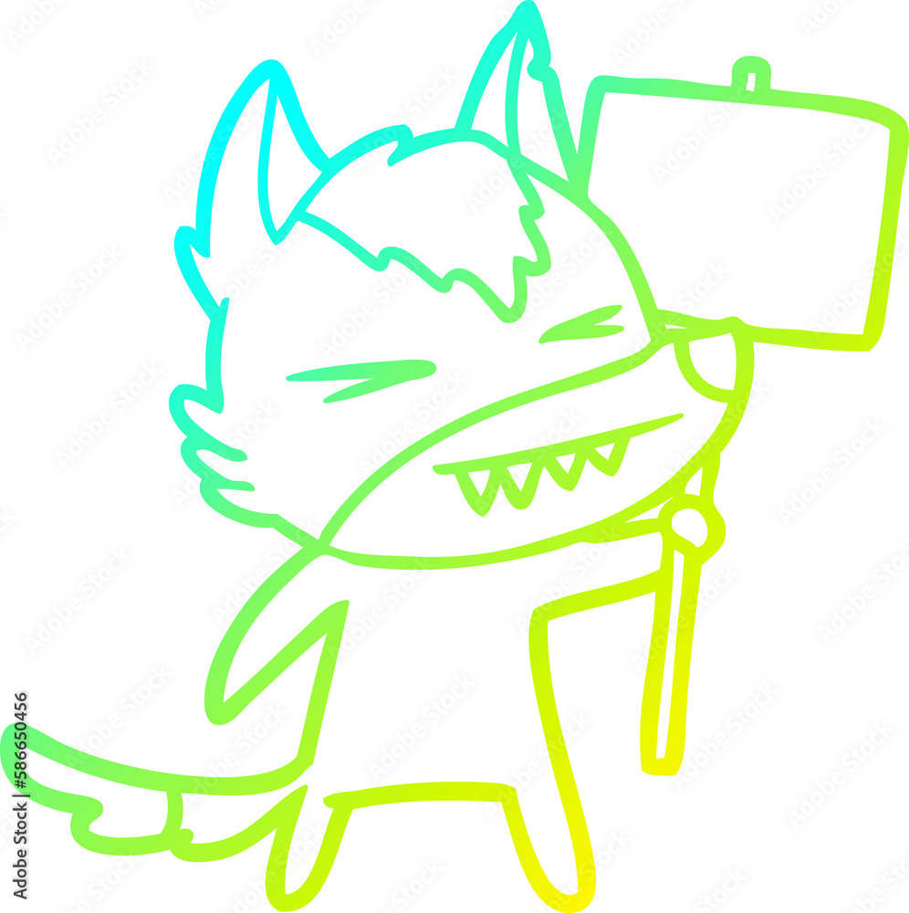 Obraz premium cold gradient line drawing angry wolf cartoon with placard