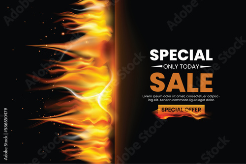 Realistic hot fire flame label composition banner
