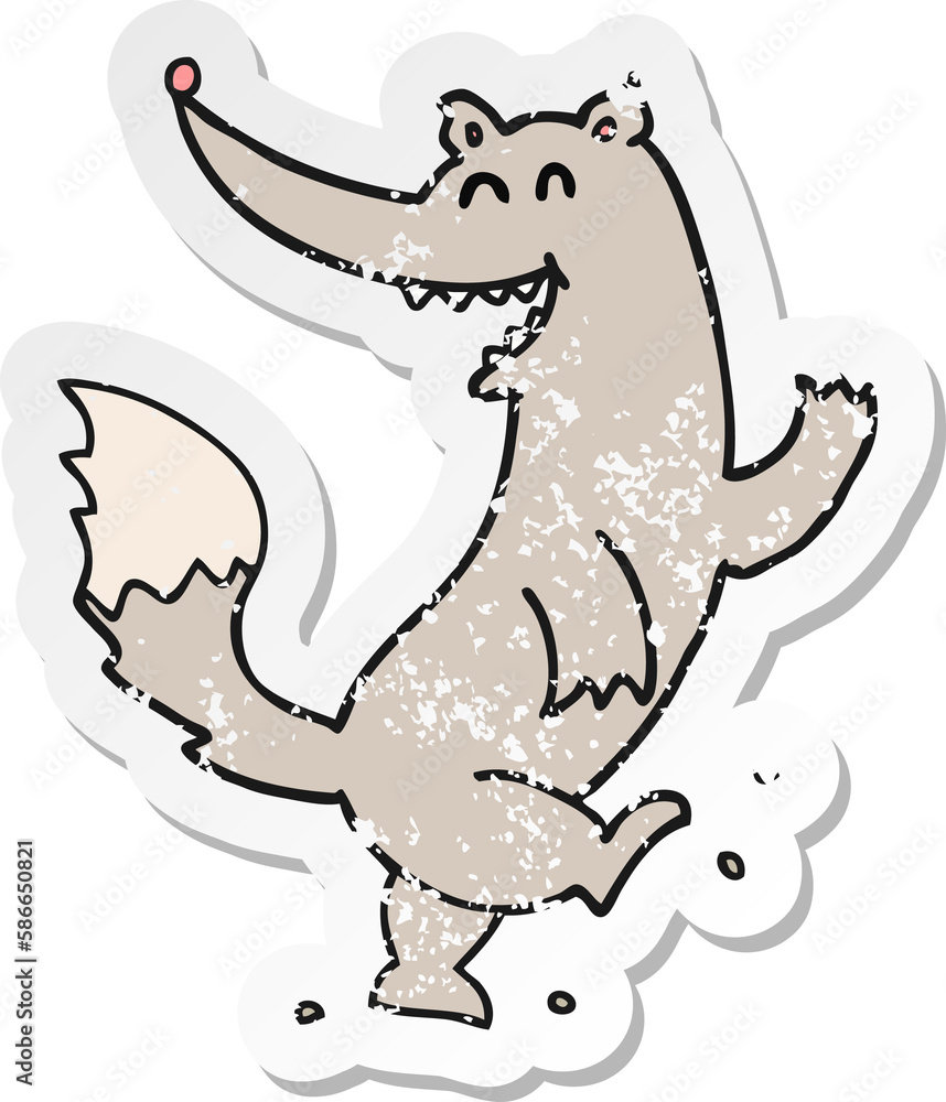 retro distressed sticker of a cartoon happy wolf dancing retro distressed sticker of a cartoon happy wolf dancing