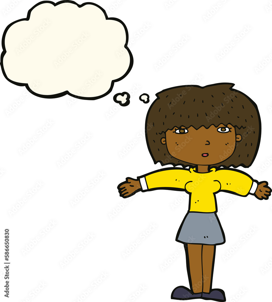 cartoon woman shrugging shoulders with thought bubble cartoon woman shrugging shoulders with thought bubble