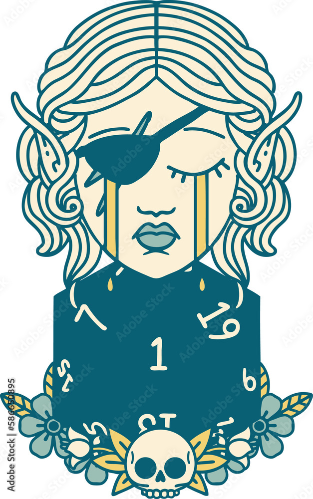 crying elf rogue character face with natural one D20 roll illustration crying elf rogue character face with natural one D20 roll illustration