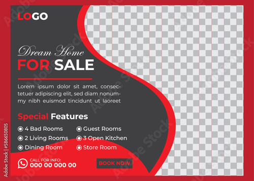 home for sale or rent flyer or banner template design with photo and text placement, professional eye-catchy colorful design. Standard for web page banner and social media, horizontal vector layout.