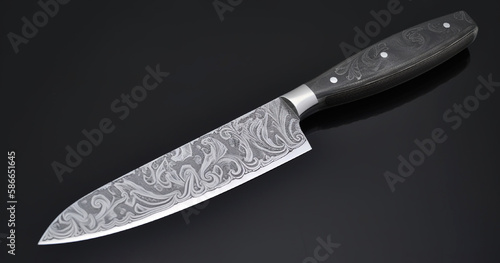 Kitchen Knife made of damascus steel on a table. Generative AI. photo