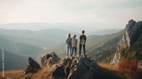 Family on the top of a mountain enjoying the view. Generative AI © piai