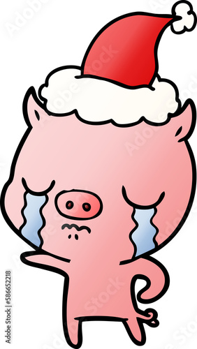 gradient cartoon of a pig crying wearing santa hat