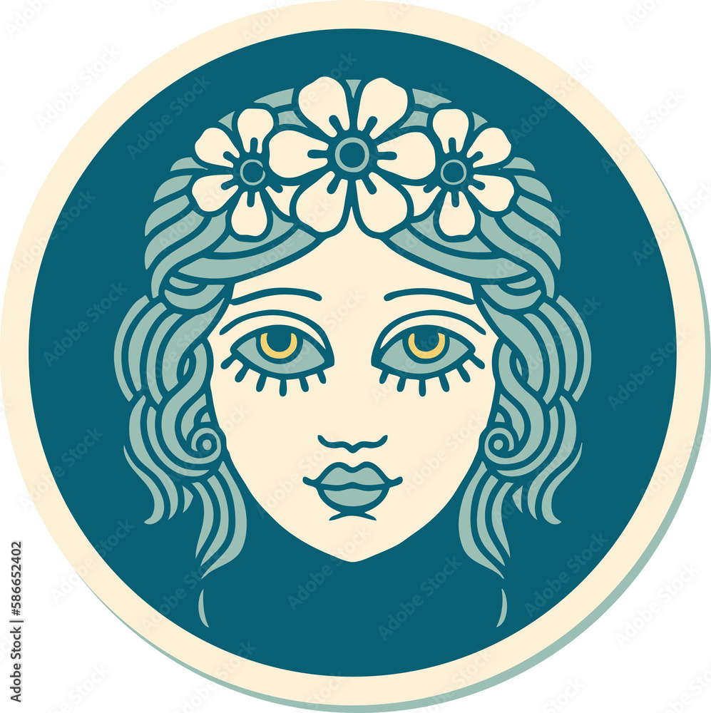 tattoo style sticker of female face with crown of flowers tattoo style sticker of female face with crown of flowers