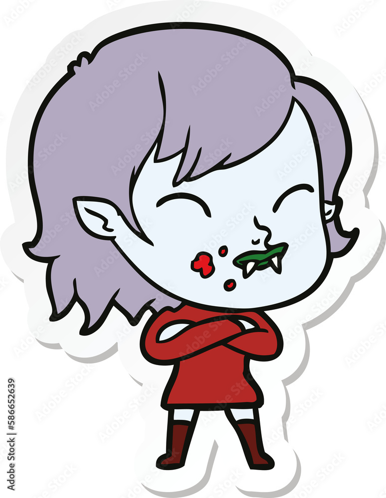 sticker of a cartoon vampire girl with blood on cheek sticker of a cartoon vampire girl with blood on cheek