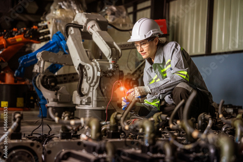 female engineer wearing a safety helmet walks inspecting the operation of the robot operating and operating the robotic arm in production efficiency in a factory.