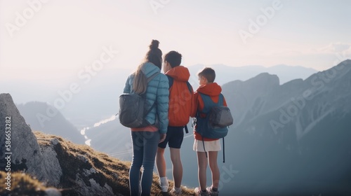 Family on the top of a mountain enjoying the view. Generative AI