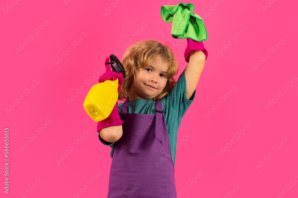 Cleaning house. Studio isolated portrait of child mopping house, cleaning home. Detergents and cleaning accessories. Cleaning service. Little boy funny housekeeper. Cleaning house. Studio isolated portrait of child mopping house, cleaning home. Detergents and cleaning accessories. Cleaning service. Little boy funny housekeeper.