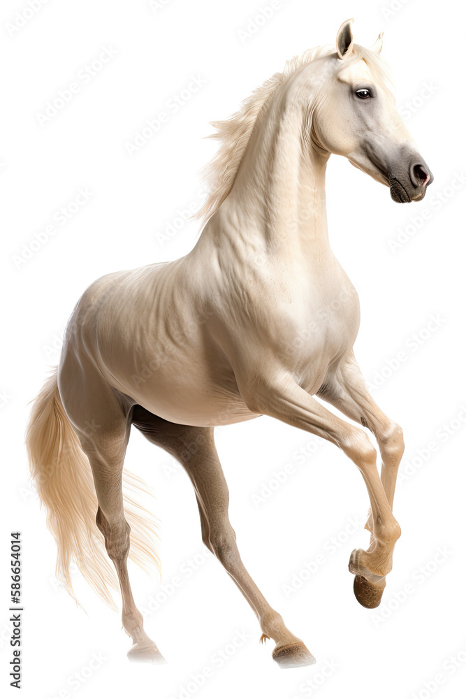 Naklejka premium an equestrian-themed photographic illustration of a Palomino horse rearing and running on a transparent background in PNG. T-shirt design. Generative AI