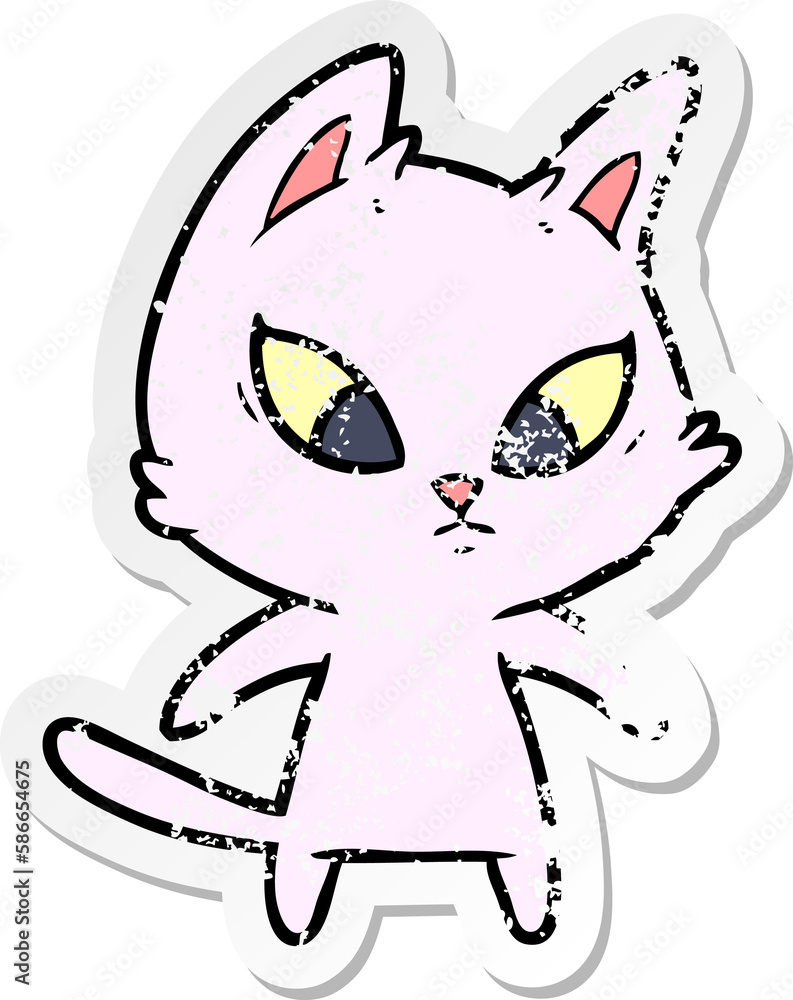 distressed sticker of a confused cartoon cat distressed sticker of a confused cartoon cat