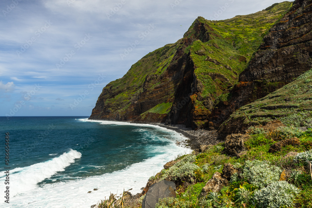 Seascape and landscape of Madeira island at Atlantic Ocean, Portugal. Spring season