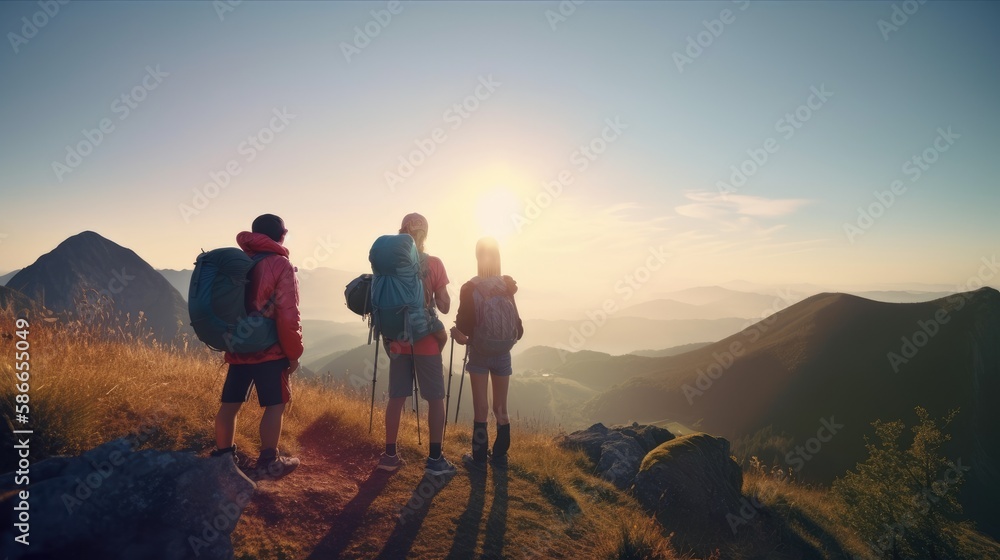 Family on the top of a mountain enjoying the view. Generative AI Family on the top of a mountain enjoying the view. Generative AI