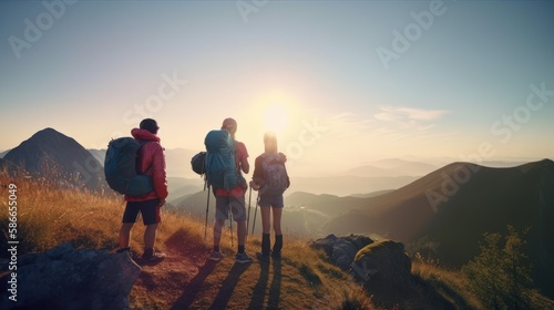 Family on the top of a mountain enjoying the view. Generative AI © piai