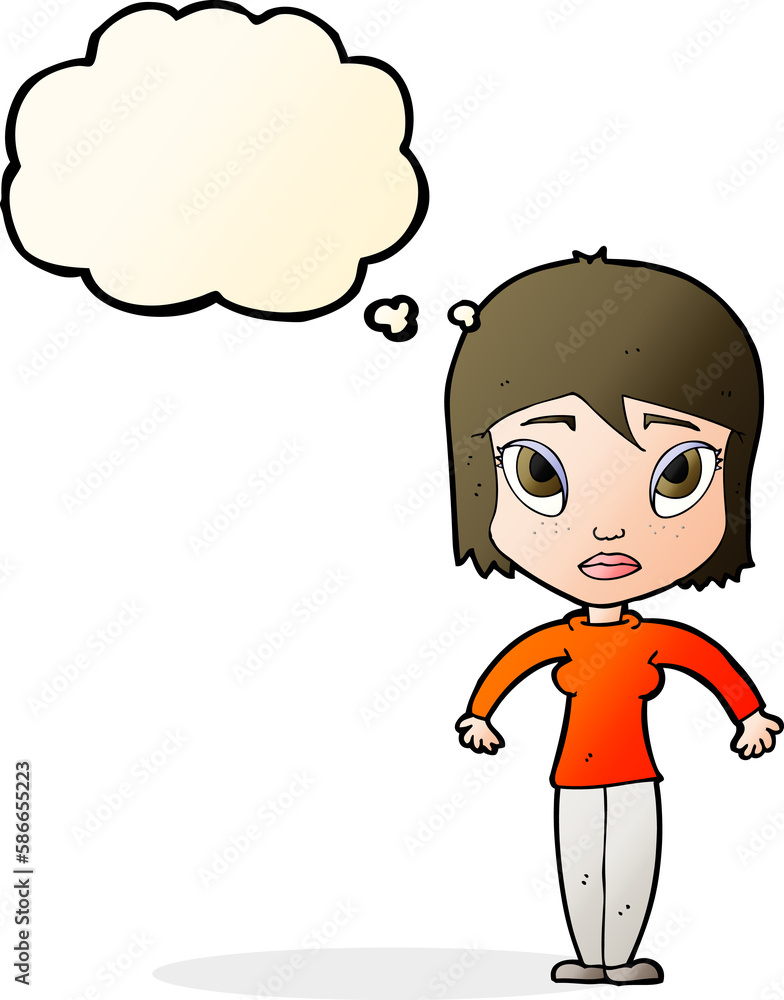 cartoon woman shrugging shoulders with thought bubble cartoon woman shrugging shoulders with thought bubble