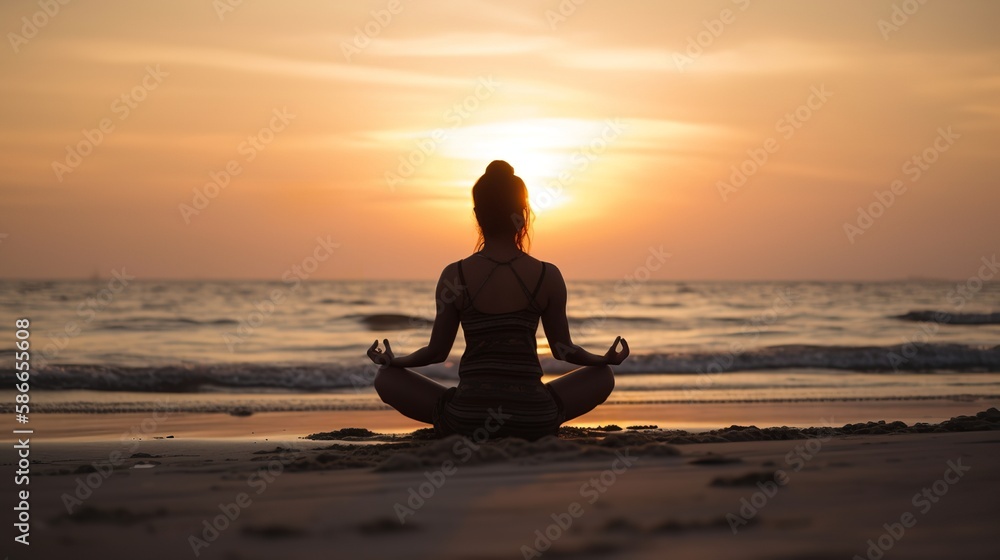 A woman practicing yoga on a beach