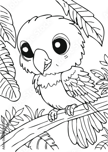 Coloring book for kids.Worksheets for teachers to teach.Macaw parrot in the forest.