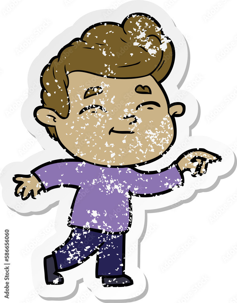 distressed sticker of a happy cartoon man pointing distressed sticker of a happy cartoon man pointing