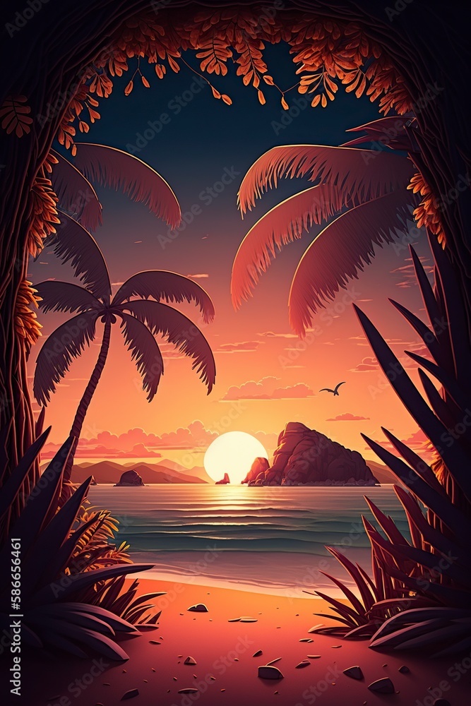 cartoon illustration, tropical landscape, ai generative