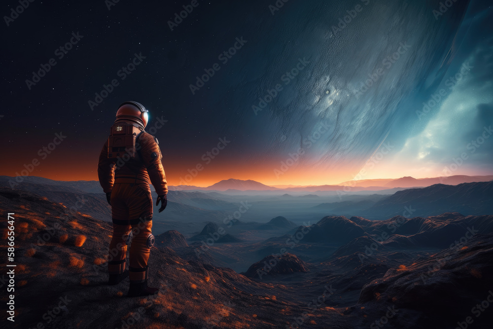 An astronaut standing on a distant planet created with AI