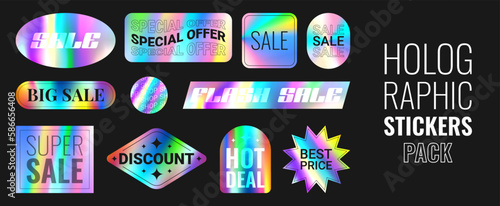 Set of holographic stickers for sale. Vector illustration with iridescent foil adhesive film. Holographic labels for hot deal and super sale. Gradient stickers for mark discounts.
