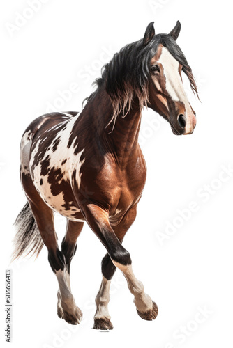 an equestrian-themed photographic illustration of a painted pinto horse Mustang stallion rearing, jumping, and running on a transparent background in PNG. T-shirt design. Generative AI © Purple Penguin GFX