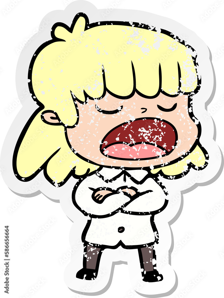 distressed sticker of a cartoon woman talking loudly