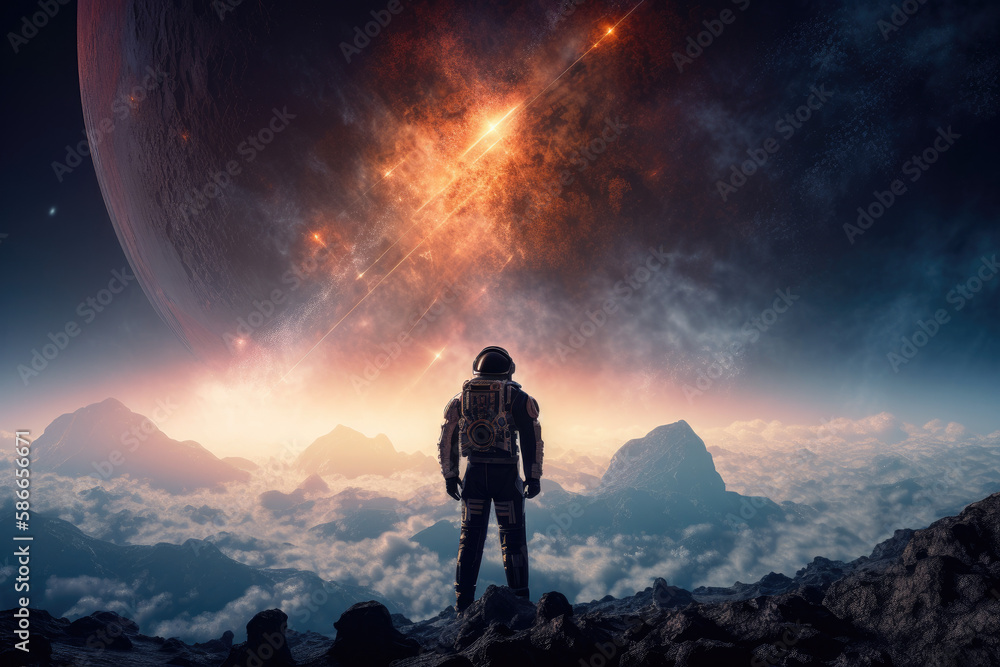 An astronaut standing on a distant planet created with AI
