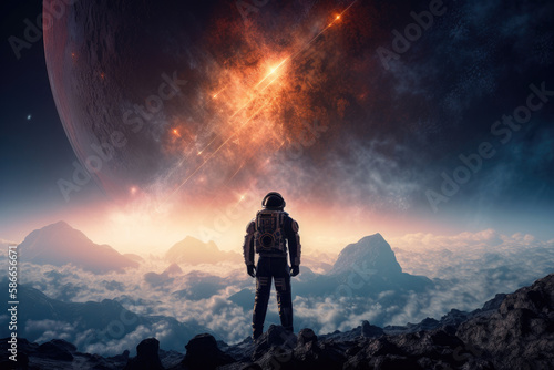 An astronaut standing on a distant planet created with AI