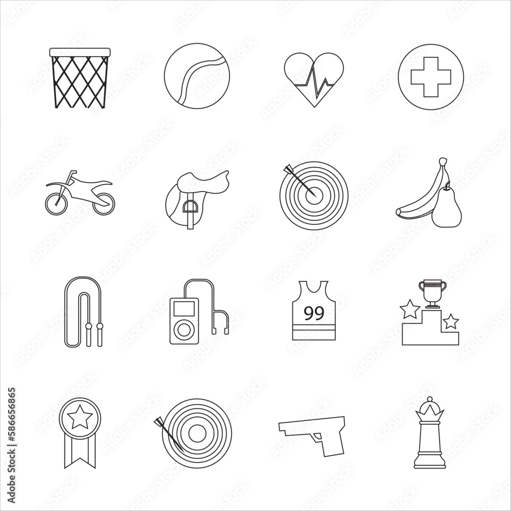 Fototapeta premium Collection of icons with different sports and healthy eating in outline design