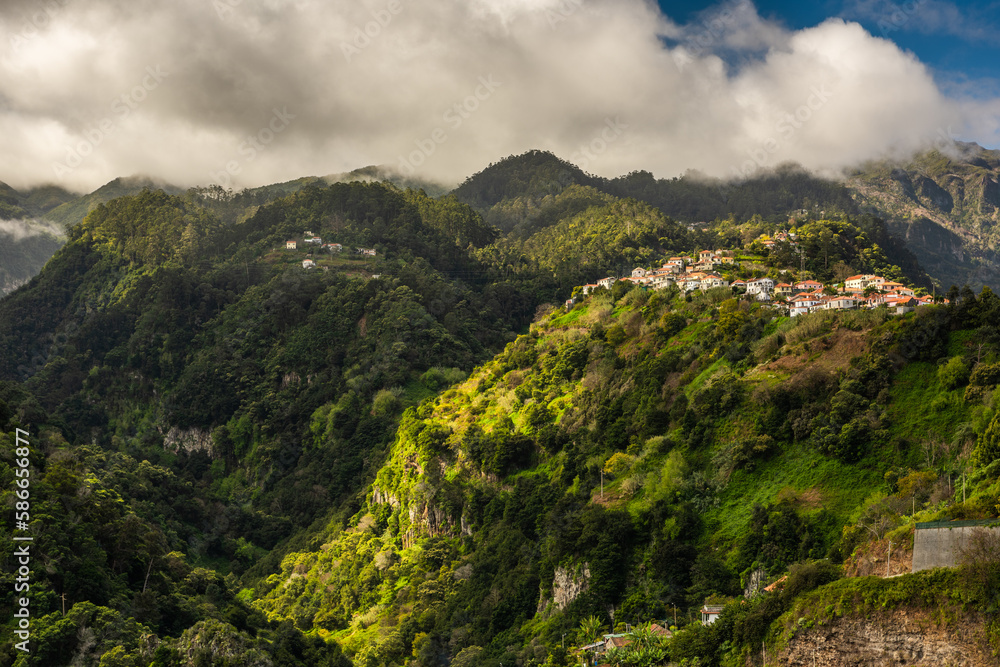 Madeira landscape with green hills and mountains village Ribeiro Frio. Wild nature in Madeira, Portugal